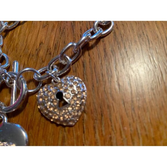 Silver Heart Charm Bracelet with Toggle Clasp Rhinestone Accents - Picture 2 of 4